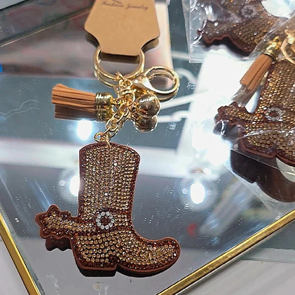 Set of 3 Western Rhinestone Cowboy Boot Keychains with Tassel - Picture 2 of 5